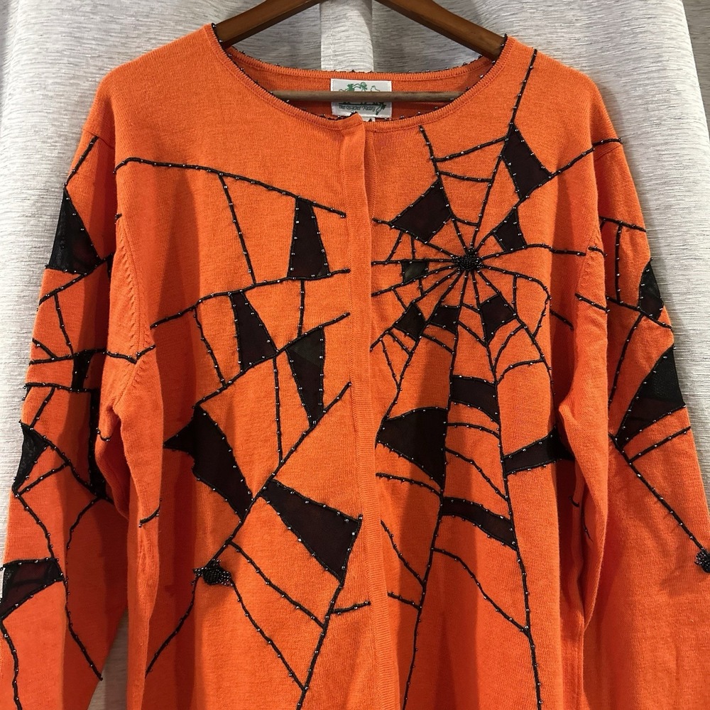 Vintage Quacker Factory Halloween Beaded spiderweb Orange Cardigan Sweater sz 1X - Picture 3 of 6